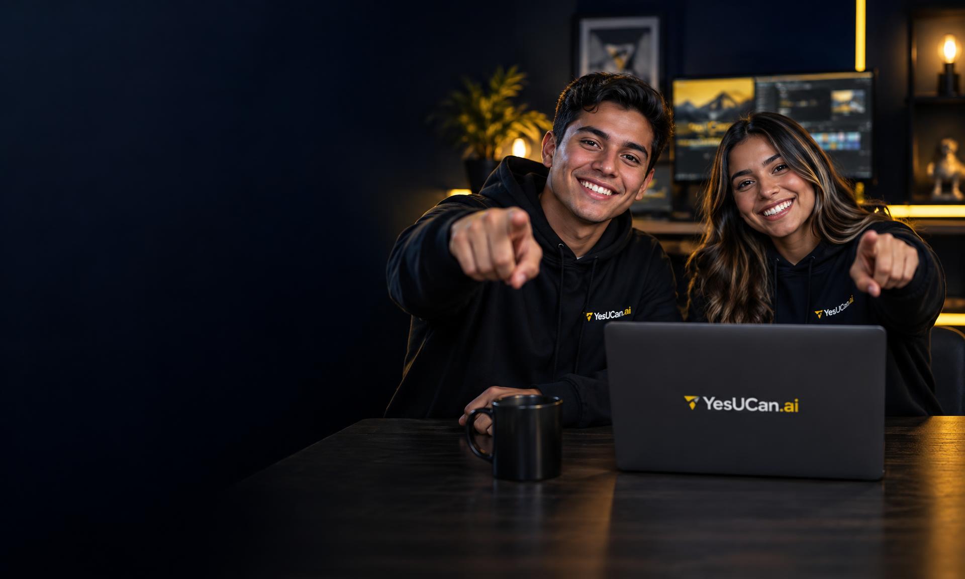 Two smiling Latino marketing experts in their late twenties working together at a laptop in a dark creative studio